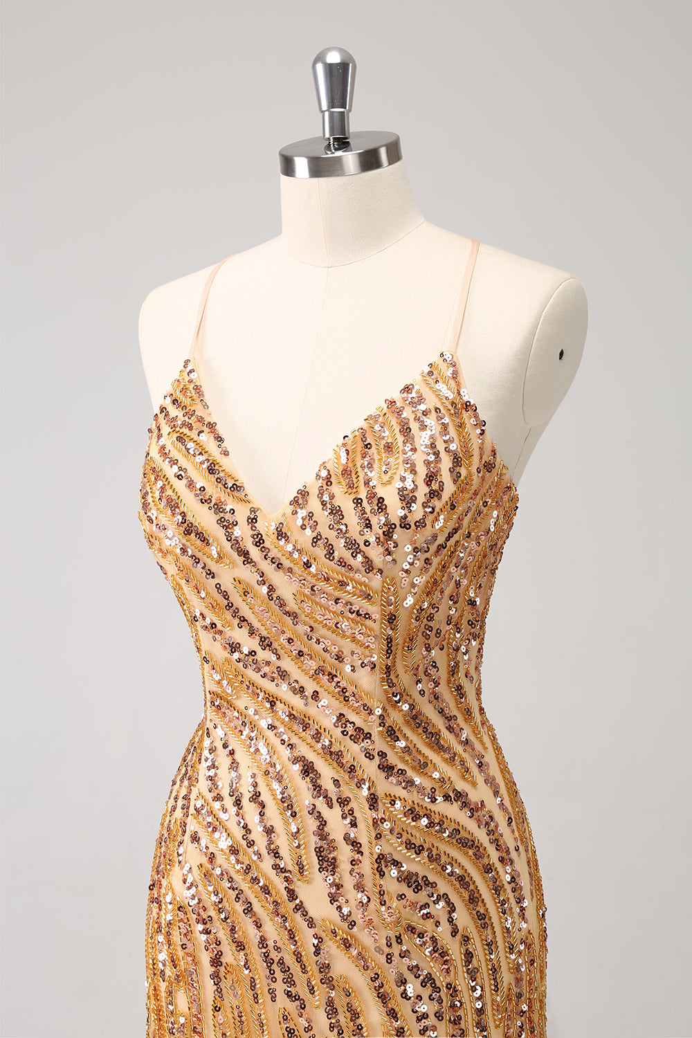 Sparkly Gold Tight Sequins V Neck Homecoming Dress with Fringes