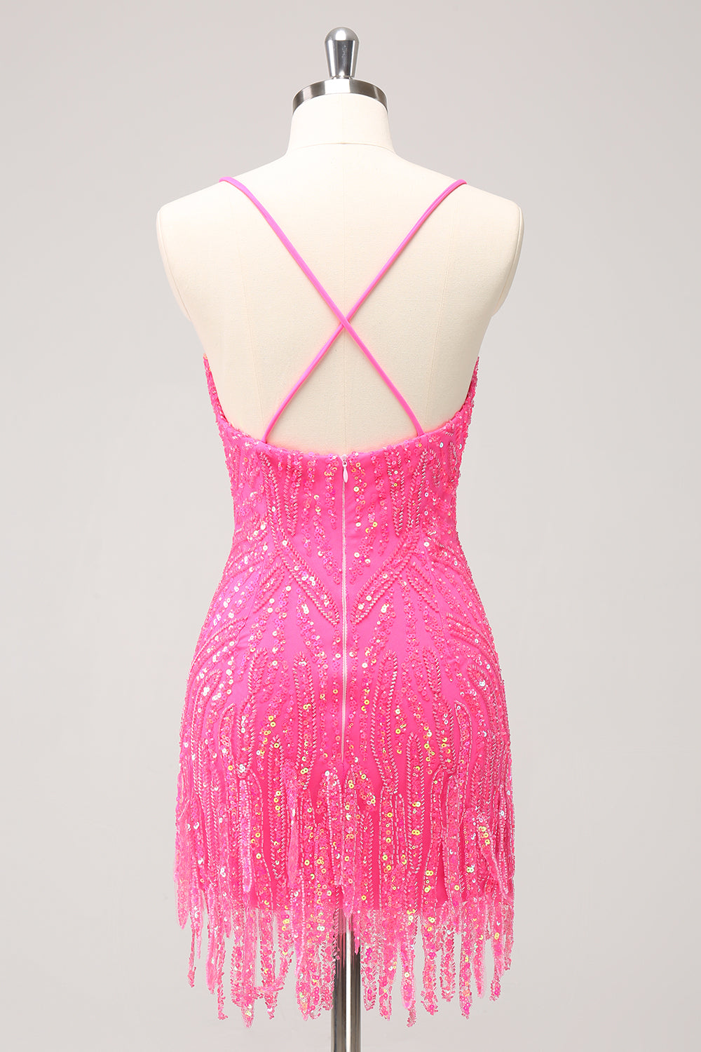 Sparkly Gold Tight Sequins V Neck Homecoming Dress with Fringes
