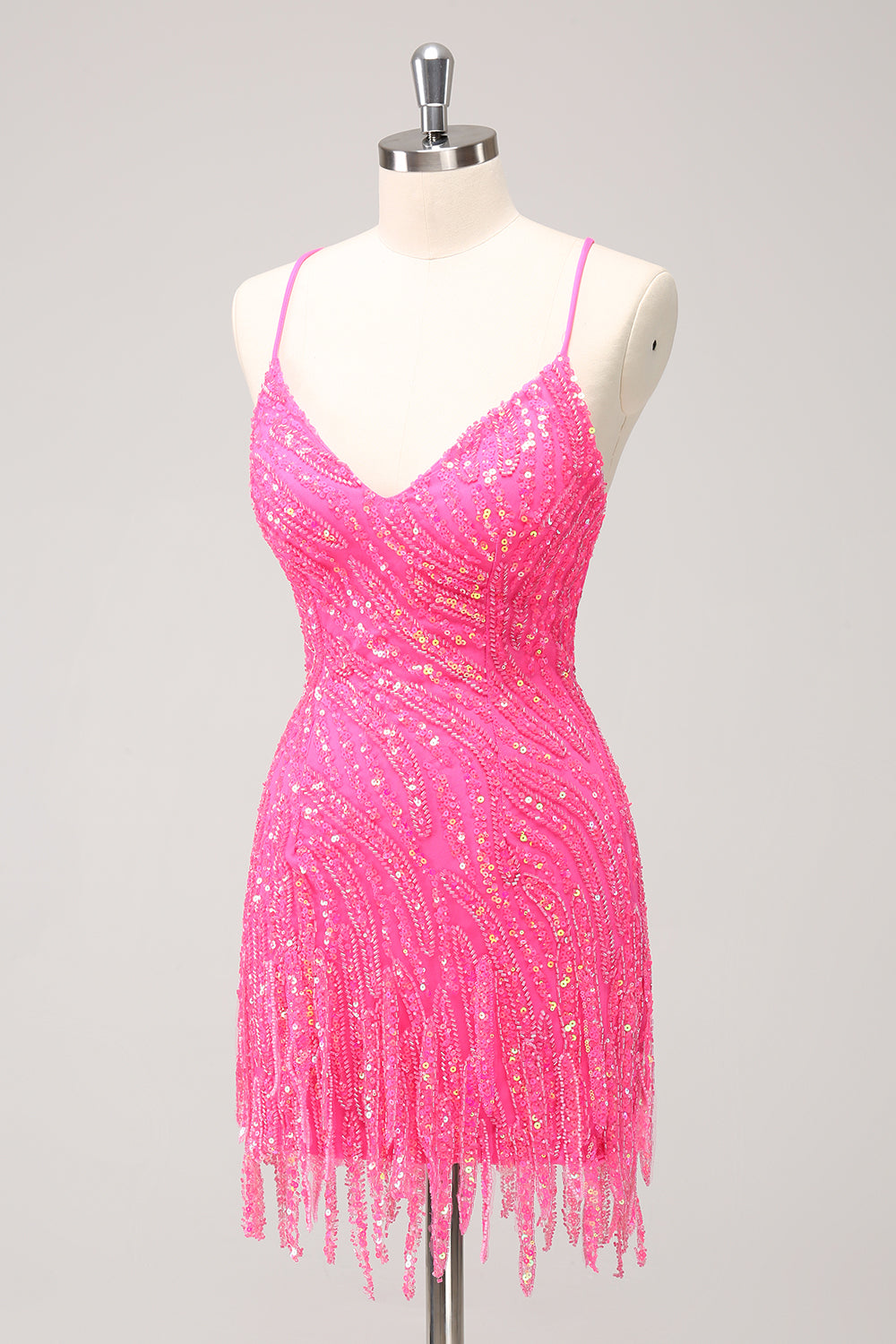 Sparkly Gold Tight Sequins V Neck Homecoming Dress with Fringes