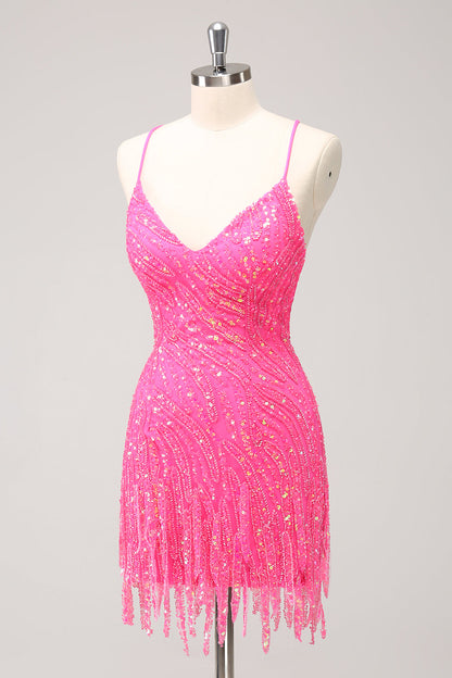Sparkly Gold Tight Sequins V Neck Homecoming Dress with Fringes