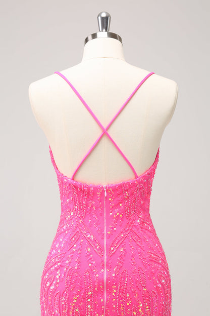 Sparkly Gold Tight Sequins V Neck Homecoming Dress with Fringes