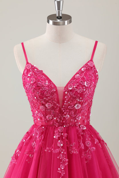 Fuchsia A-Line Spaghetti Straps Sequins Short Homecoming Dress with Appliques