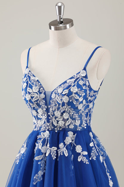 Fuchsia A-Line Spaghetti Straps Sequins Short Homecoming Dress with Appliques