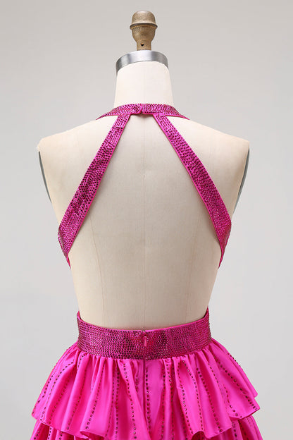 Fuchsia A Line Halter Open Back Tiered Cut Out Beaded Long Prom Dress