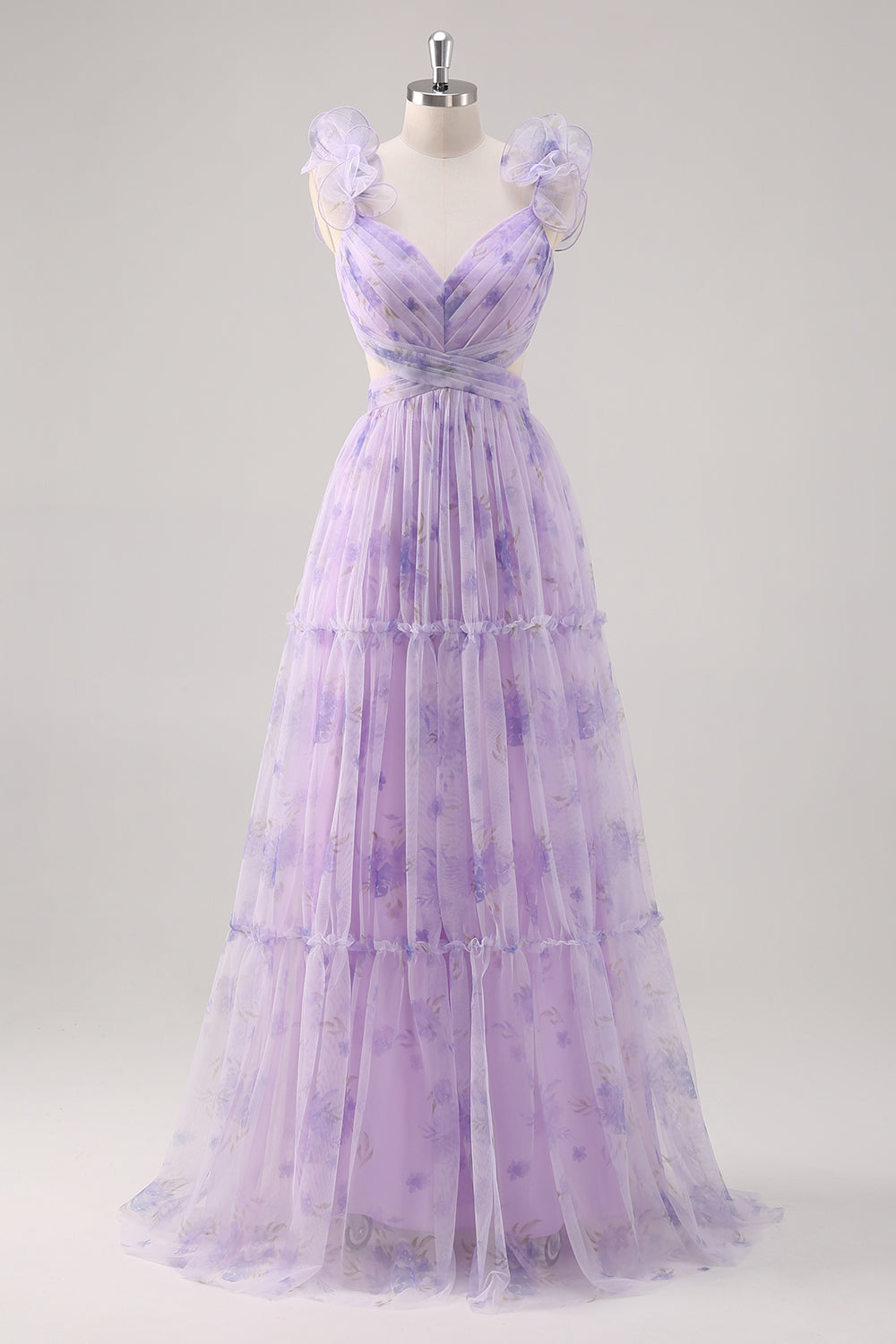 Lavender Floral A Line Pleated Tulle Long Bridesmaid Dress