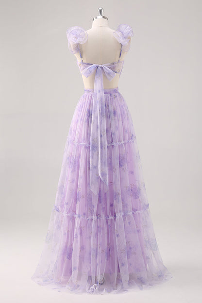 Lavender Floral A Line Pleated Tulle Long Bridesmaid Dress
