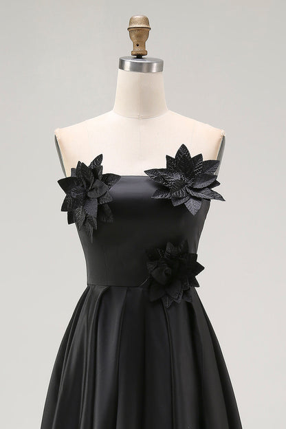 Sparkly Black Strapless A-Line High-Low Ruffle Formal Dress With 3D Flowers
