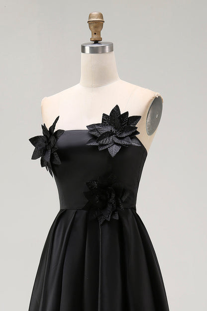 Sparkly Black Strapless A-Line High-Low Ruffle Formal Dress With 3D Flowers
