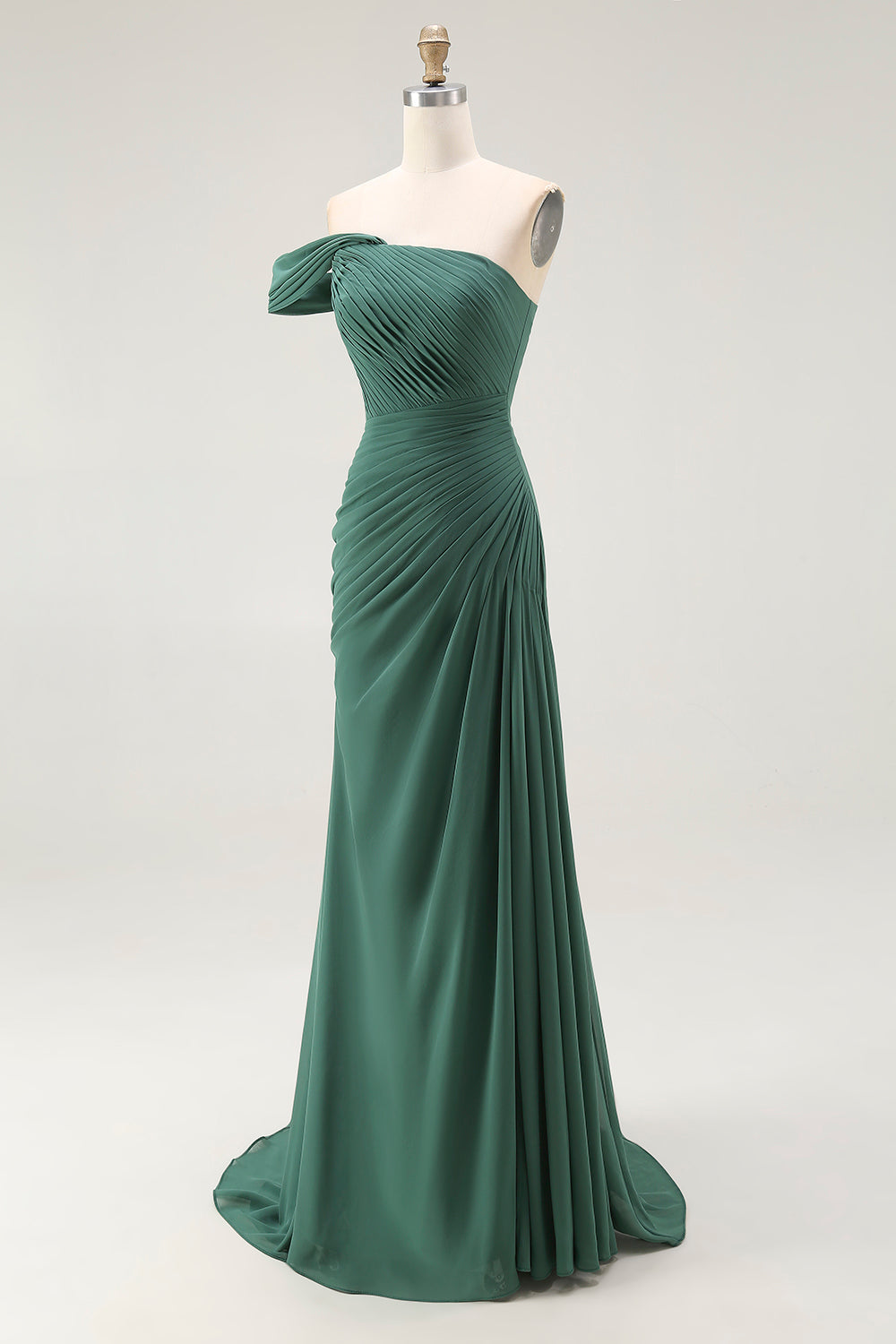 One Shoulder Mermaid Pleated Dark Green Long Formal Dress