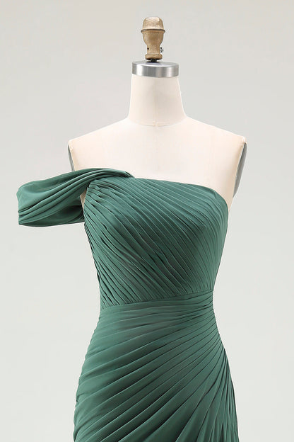 One Shoulder Mermaid Pleated Dark Green Long Formal Dress