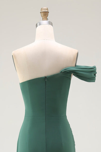 One Shoulder Mermaid Pleated Dark Green Long Formal Dress