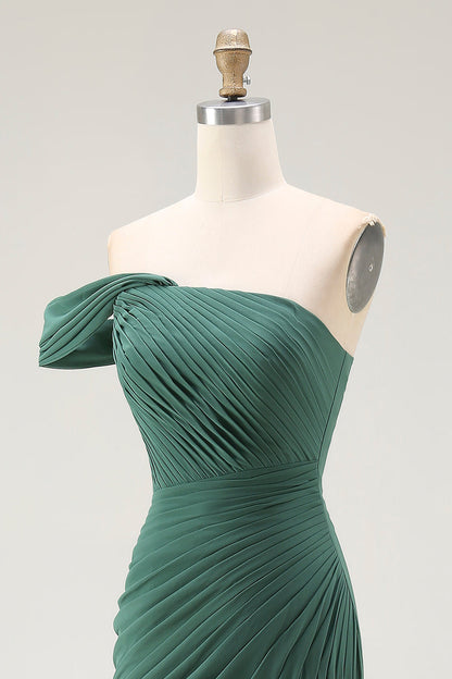 One Shoulder Mermaid Pleated Dark Green Long Formal Dress