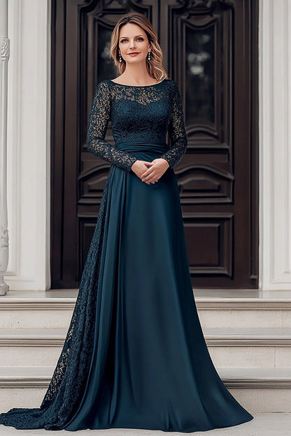 Navy A-Line Scoop Lace Mother of the Bride Dress With Long Sleeves