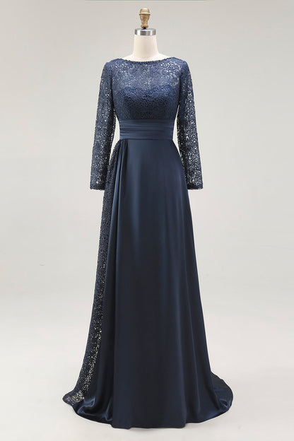 Navy A-Line Scoop Lace Mother of the Bride Dress With Long Sleeves