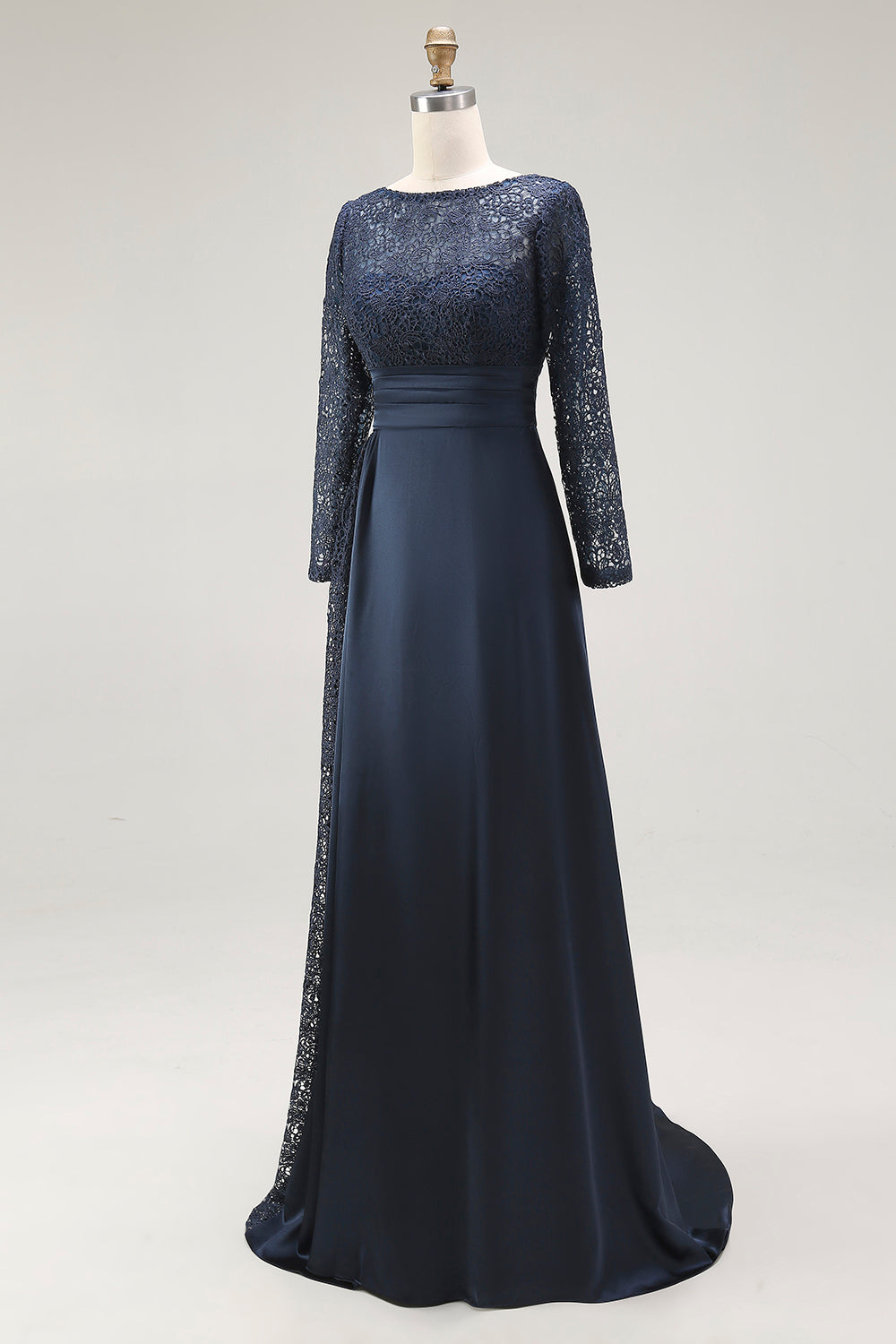 Navy A-Line Scoop Lace Mother of the Bride Dress With Long Sleeves
