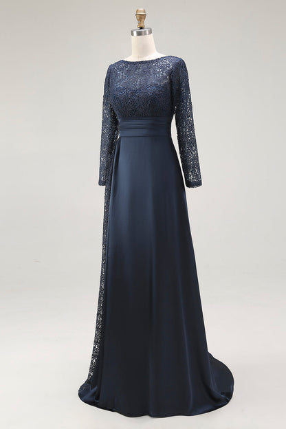 Navy A-Line Scoop Lace Mother of the Bride Dress With Long Sleeves