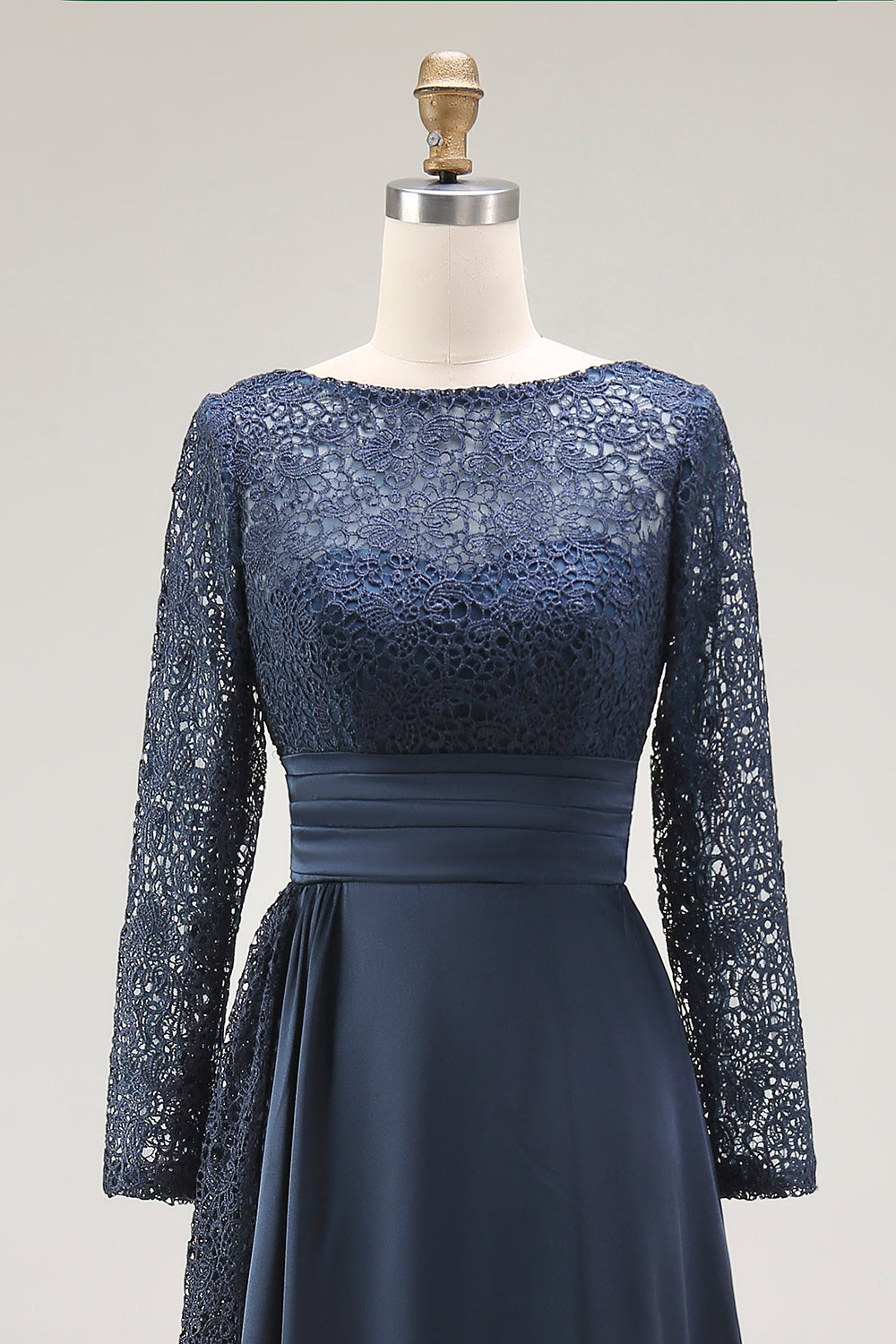 Navy A-Line Scoop Lace Mother of the Bride Dress With Long Sleeves