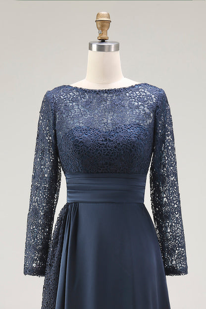 Navy A-Line Scoop Lace Mother of the Bride Dress With Long Sleeves