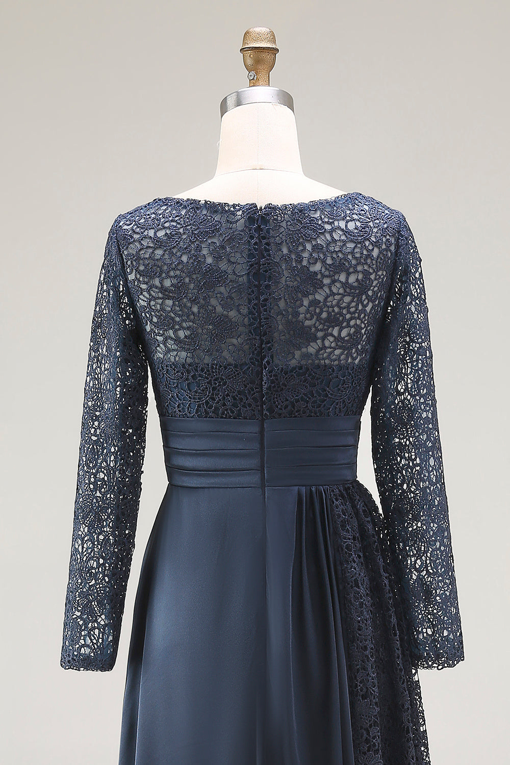 Navy A-Line Scoop Lace Mother of the Bride Dress With Long Sleeves