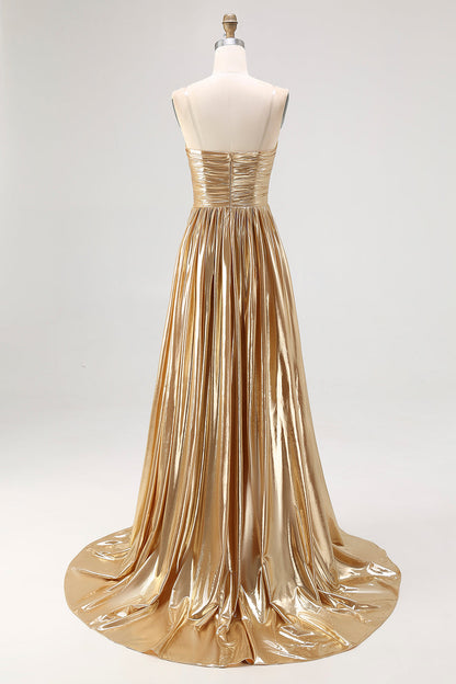 Chic Gold A Line Deep-V Neck Satin Long Prom Dress