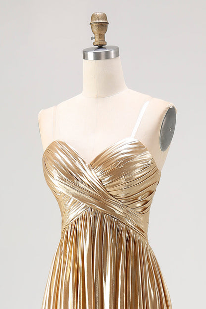 Chic Gold A Line Deep-V Neck Satin Long Prom Dress