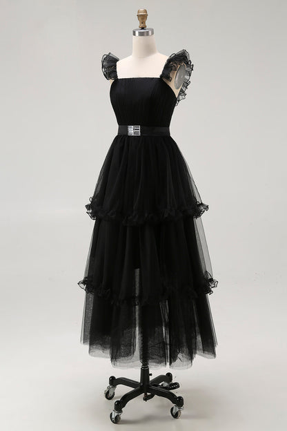 Black A Line Spaghetti Straps Tulle Formal Dress With Belt