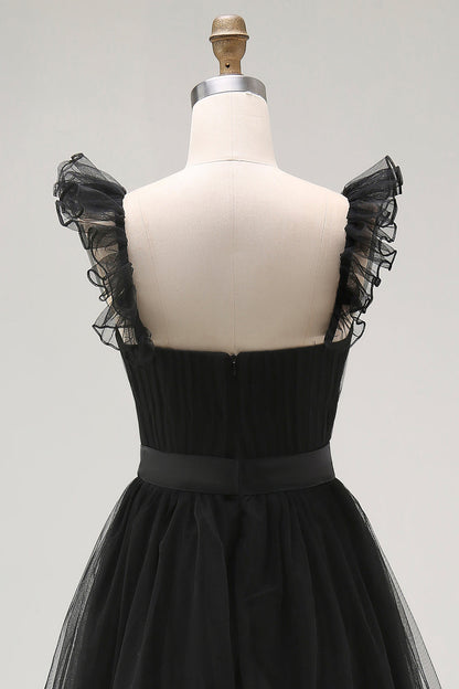 Black A Line Spaghetti Straps Tulle Formal Dress With Belt