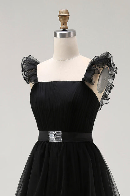Black A Line Spaghetti Straps Tulle Formal Dress With Belt