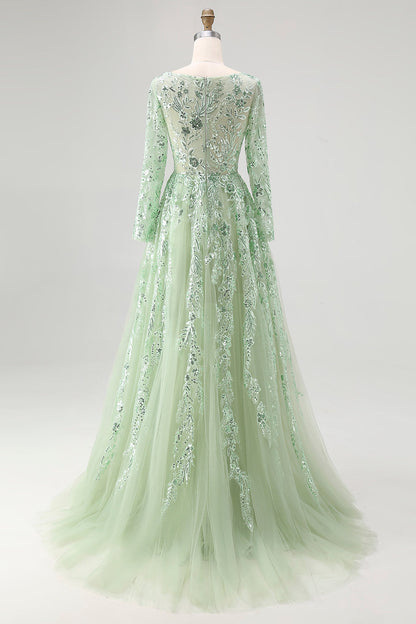 Sparkly Dusty Sage Sequin A-Line Prom Dress with Long Sleeves