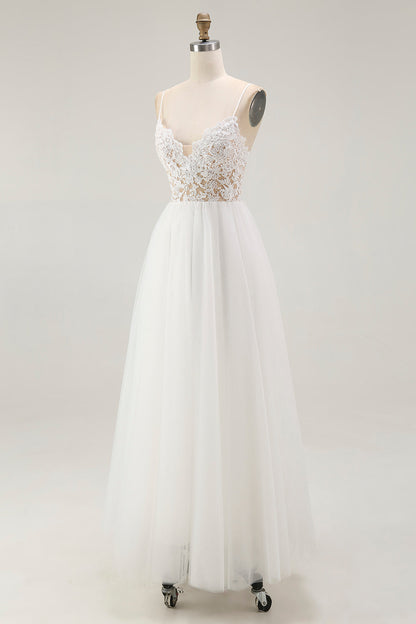 White A Line Spaghetti Straps Engagement Dress With Lace