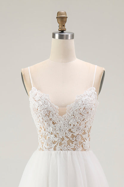 White A Line Spaghetti Straps Engagement Dress With Lace