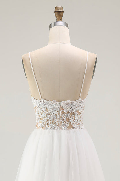 White A Line Spaghetti Straps Engagement Dress With Lace