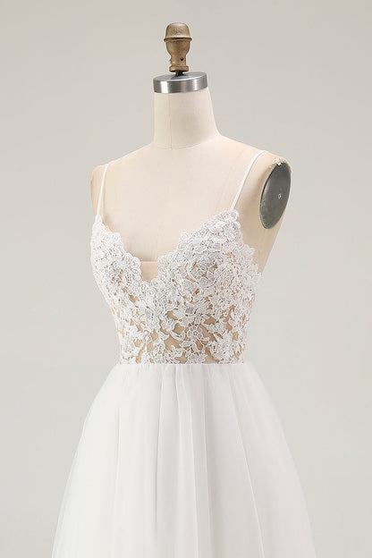 White A Line Spaghetti Straps Engagement Dress With Lace