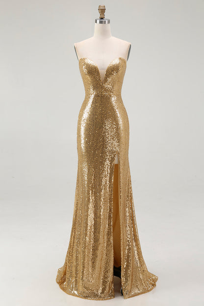 Sparkly Strapless Mermaid Gold Formal Dress With Slit