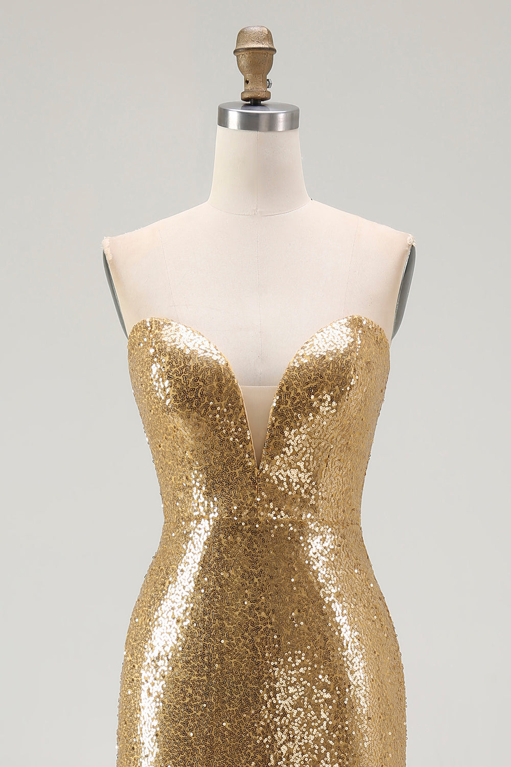 Sparkly Strapless Mermaid Gold Formal Dress With Slit