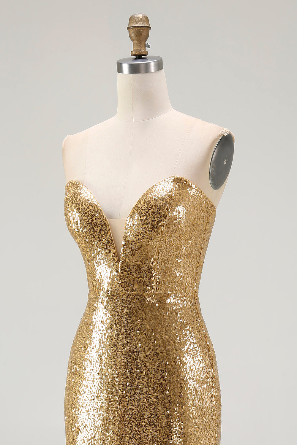 Sparkly Strapless Mermaid Gold Formal Dress With Slit