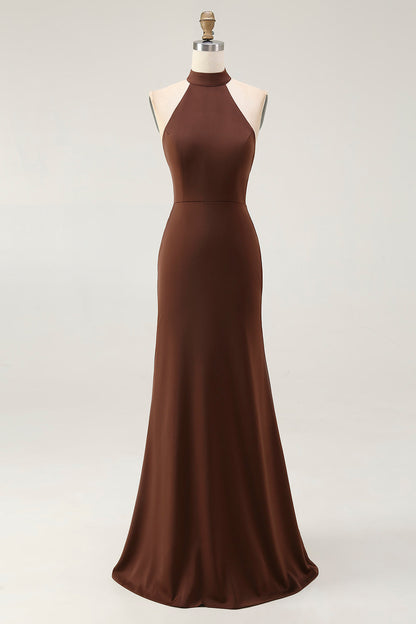 Coffee Mermaid Halter Neck Long Formal Dress