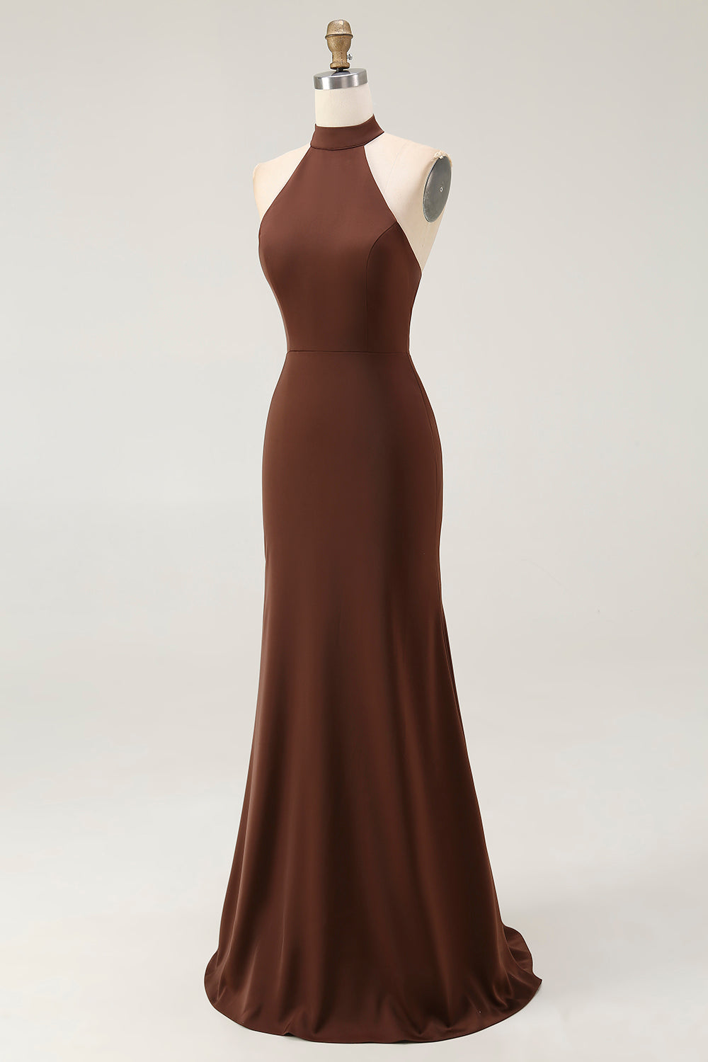 Mermaid Halter Coffee Open Back Long Formal Dress