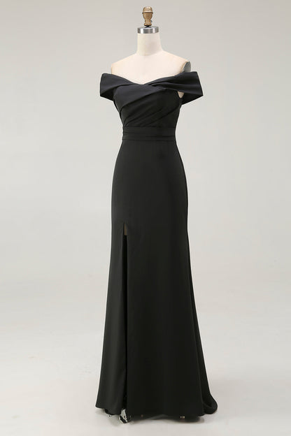 Mermaid Off The Shoulder Long Black Tie Dress With Slit