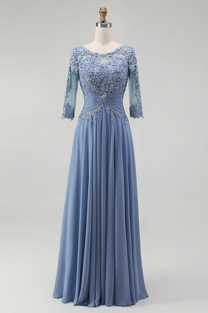 Dusty Blue Lace A Line Chiffon Mother of the Bride Dress