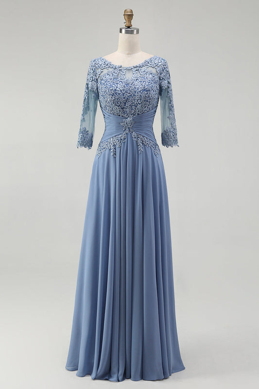 Dusty Blue Lace A Line Chiffon Mother of the Bride Dress