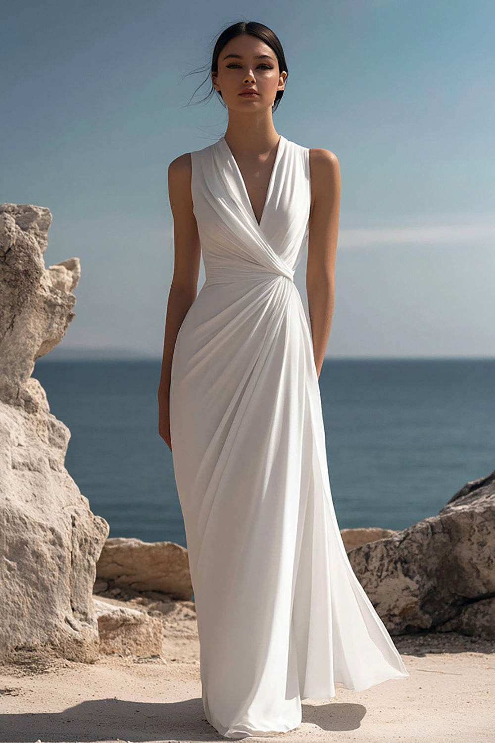 White Sheath V Neck Ruched Long Formal Dress
