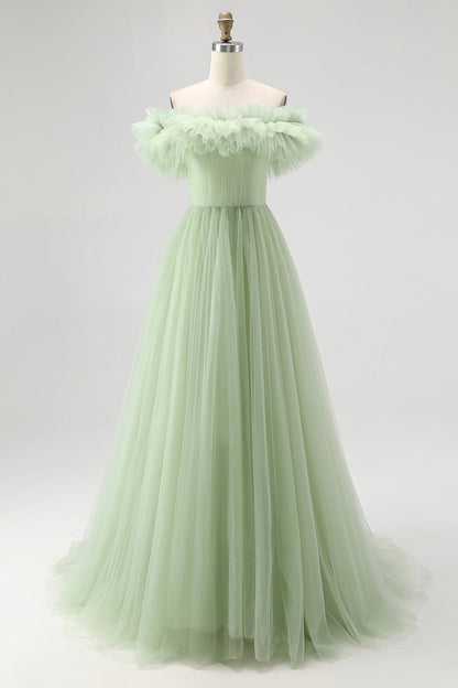 Strapless A-Line Dusty Sage Formal Dress With Ruffles