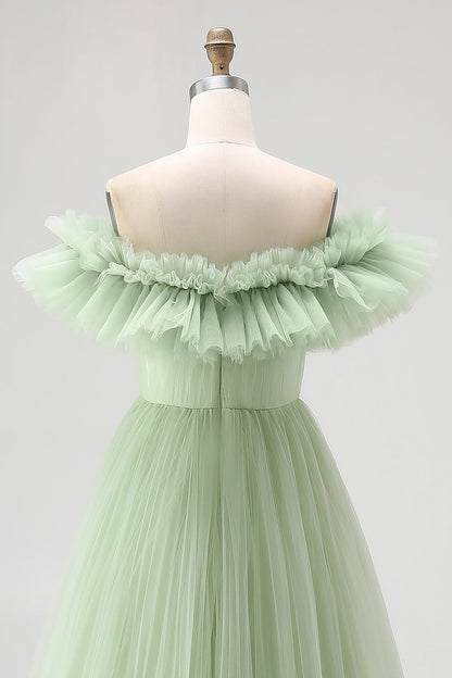 Strapless A-Line Dusty Sage Formal Dress With Ruffles