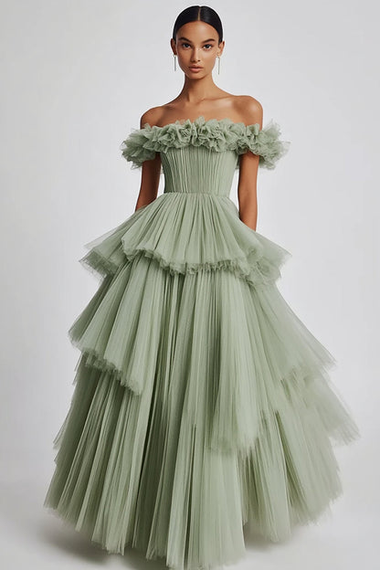 Dusty Sage Off The Shoulder A Line Ruffle Long Prom Dress