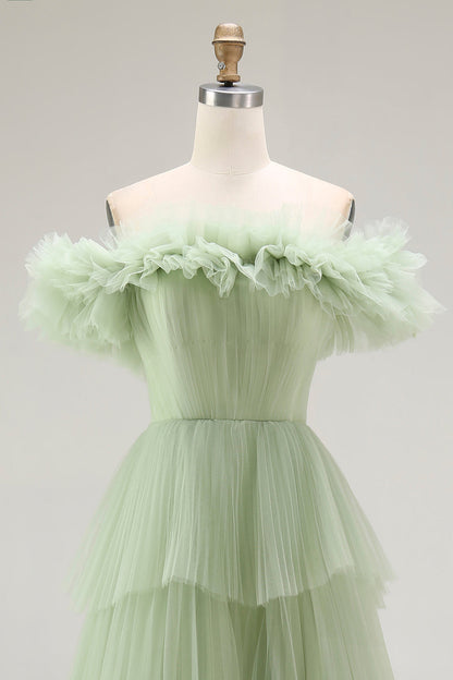 Dusty Sage Off The Shoulder A Line Ruffle Long Prom Dress