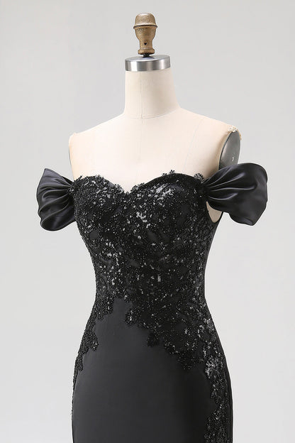 Off The Shoulder Sequins Satin Mermaid Black Gala Dress with Slit