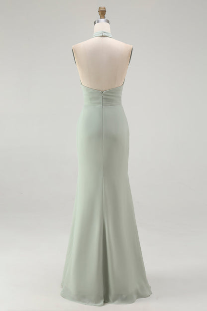 Dusty Sage Halter Mermaid Chiffon Bridesmaid Dress With Ruffles