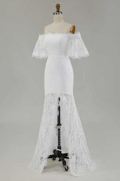 White Off the Shoulder Sheath Lace Wedding Dress With Slit