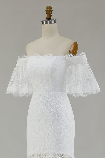 White Off the Shoulder Sheath Lace Wedding Dress With Slit